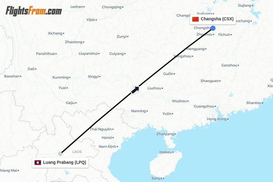 Flights from Luang Prabang to Changsha route map