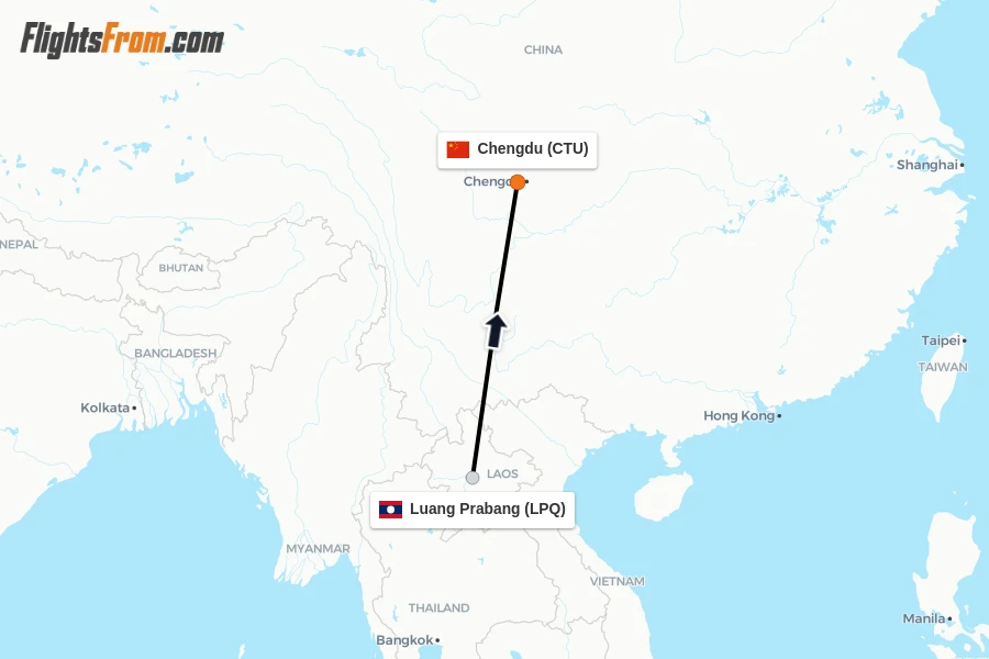 Flights from Luang Prabang to Chengdu route map