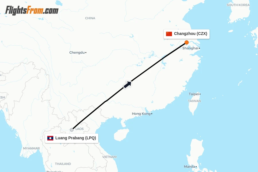 Flights from Luang Prabang to Changzhou route map
