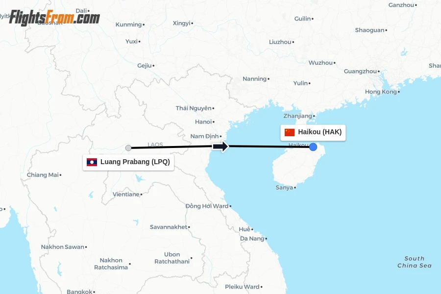 Flights from Luang Prabang to Haikou route map