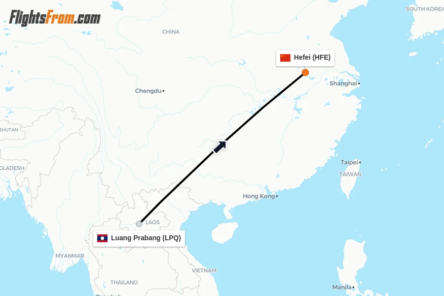 Flights from Luang Prabang to Hefei route map
