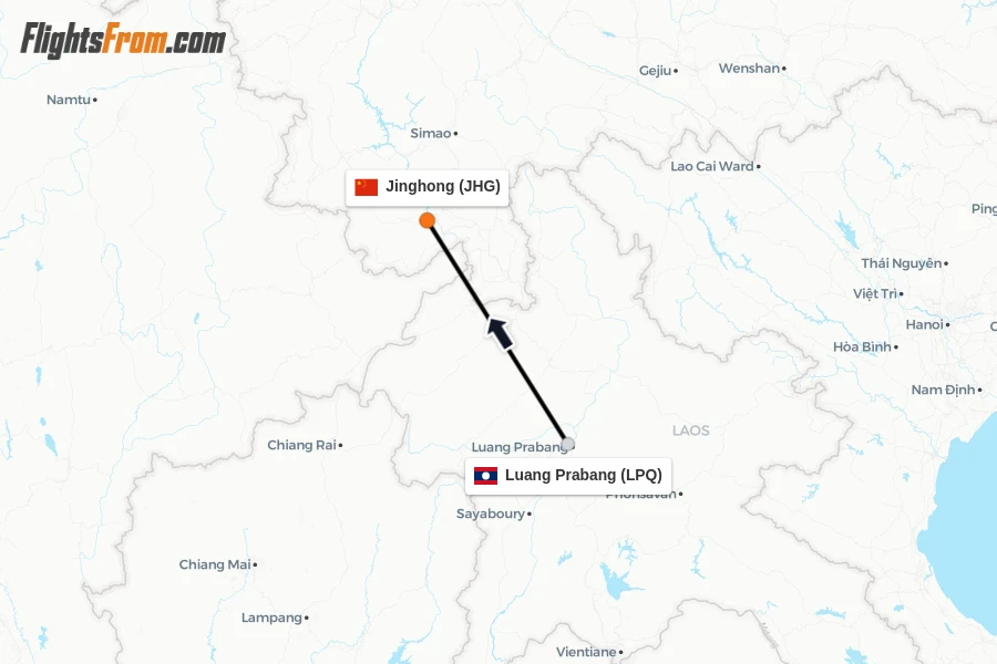Flights from Luang Prabang to Jinghong route map