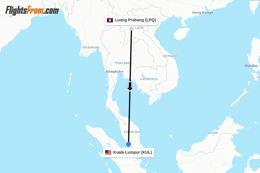 Flights from Luang Prabang to Kuala Lumpur route map