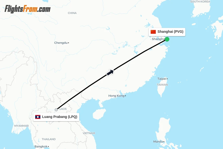 Flights from Luang Prabang to Shanghai route map