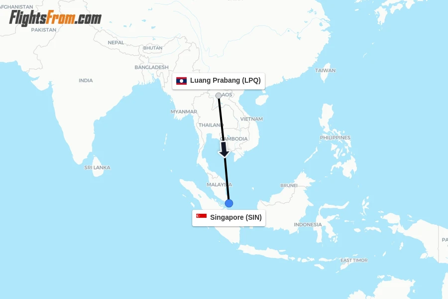 Flights from Luang Prabang to Singapore route map