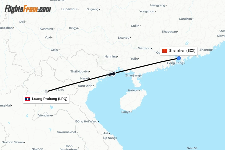 Flights from Luang Prabang to Shenzhen route map