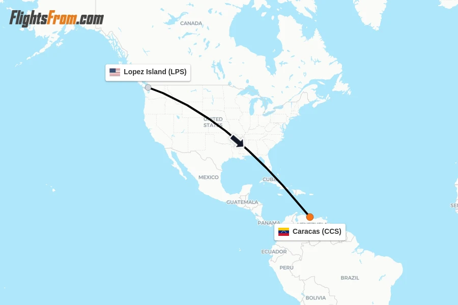 Flights from Lopez Island to Caracas route map