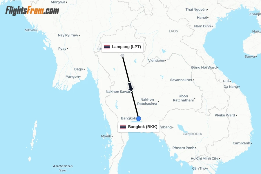 Flights from Lampang to Bangkok route map