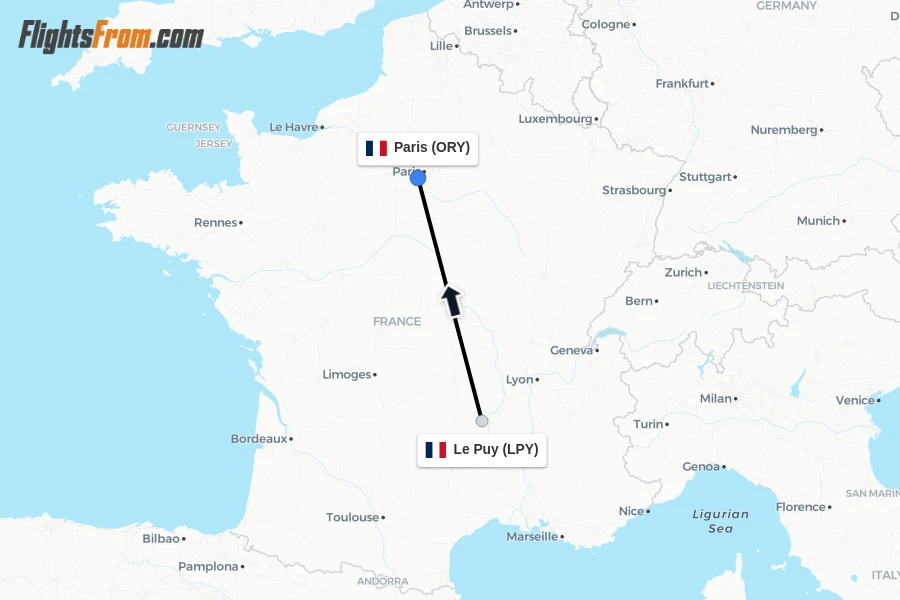 Flights from Le Puy to Paris route map