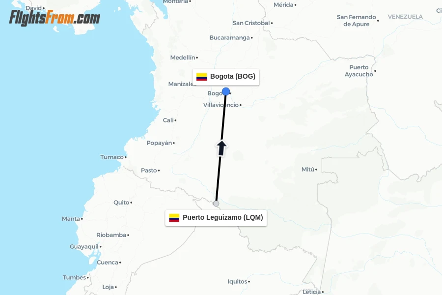 Flights from Puerto Leguizamo to Bogota route map