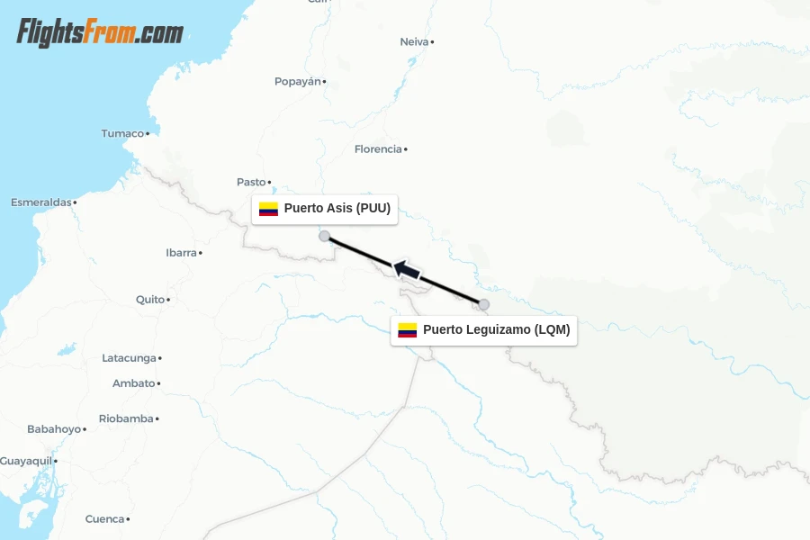 Flights from Puerto Leguizamo to Puerto Asis route map