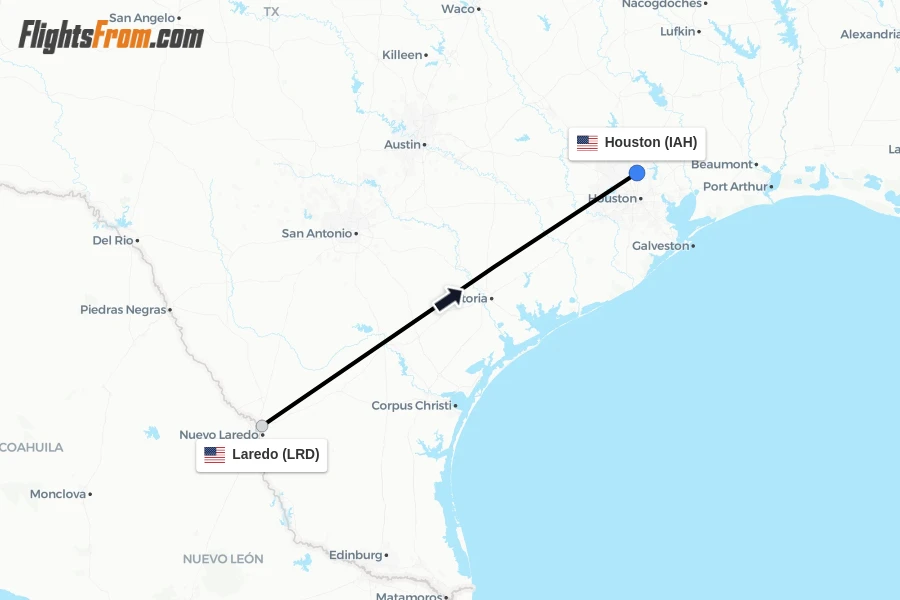 Flights from Laredo to Houston route map