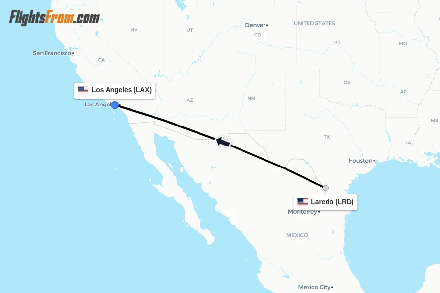 Flights from Laredo to Los Angeles route map