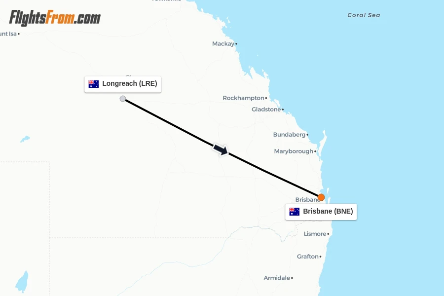 Flights from Longreach to Brisbane route map