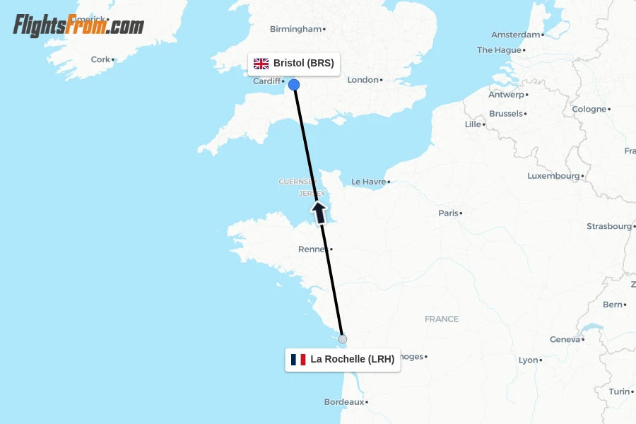 Flights from La Rochelle to Bristol route map