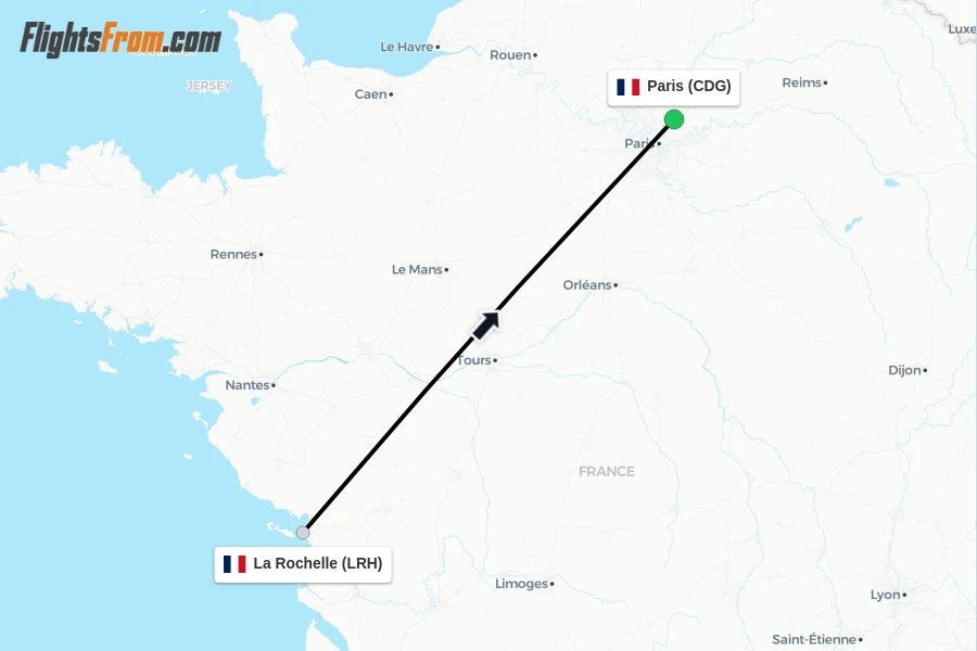 Flights from La Rochelle to Paris route map