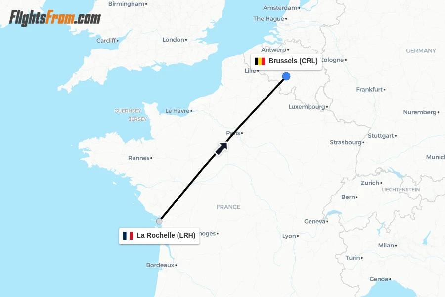 Flights from La Rochelle to Brussels route map
