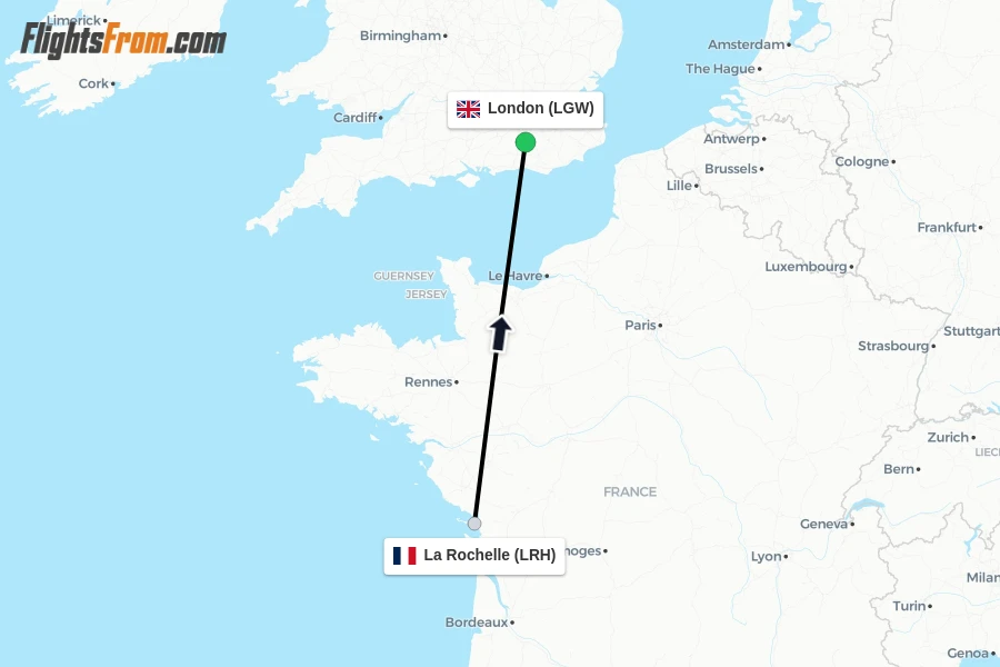 Flights from La Rochelle to London route map