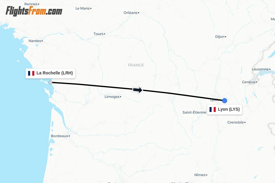 Flights from La Rochelle to Lyon route map