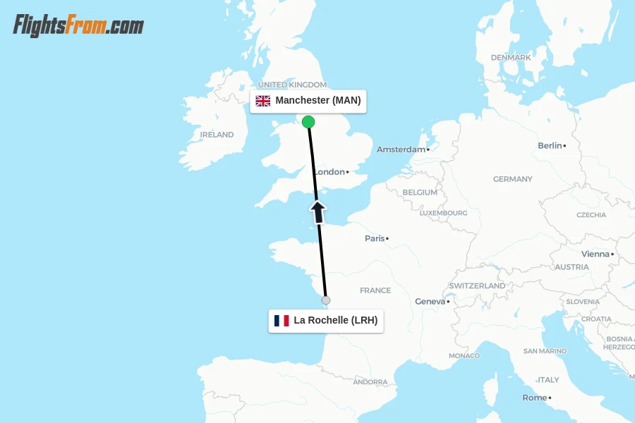 Flights from La Rochelle to Manchester route map