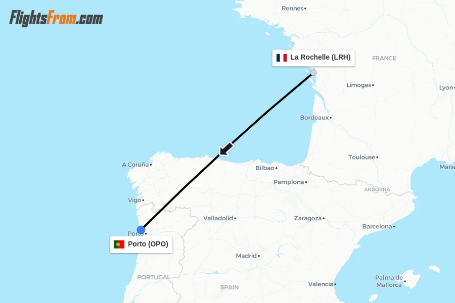 Flights from La Rochelle to Porto route map