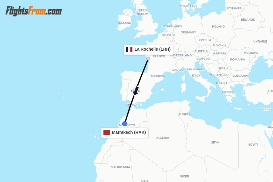 Flights from La Rochelle to Marrakech route map