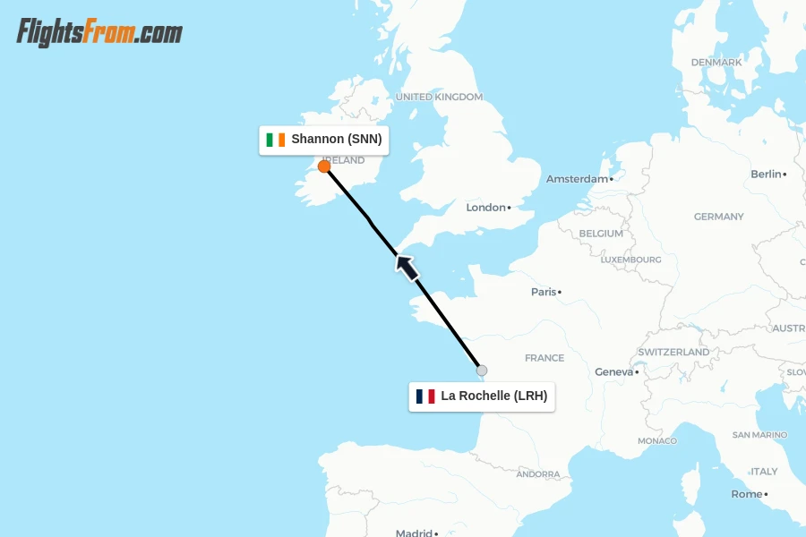 Flights from La Rochelle to Shannon route map