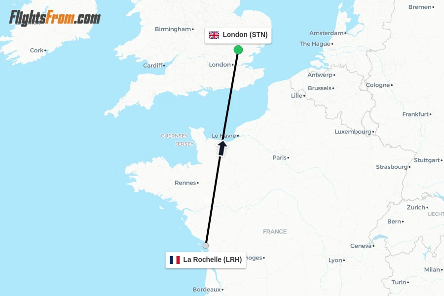 Flights from La Rochelle to London route map