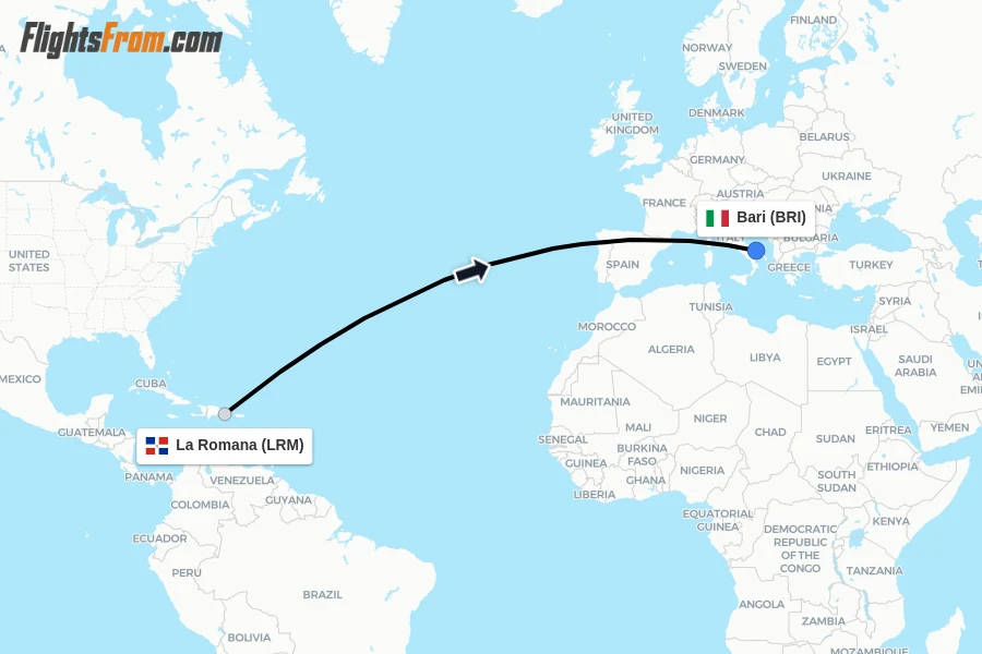Flights from La Romana to Bari route map