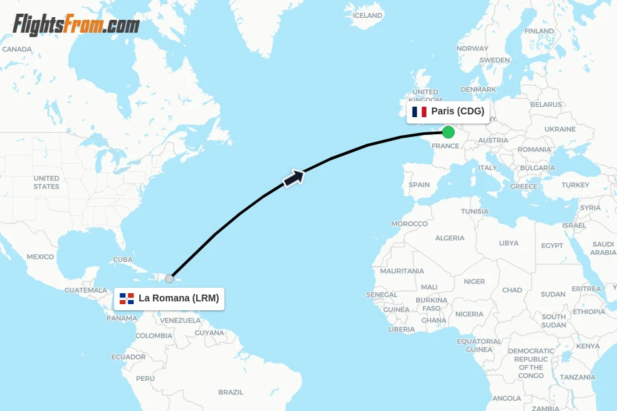 Flights from La Romana to Paris route map