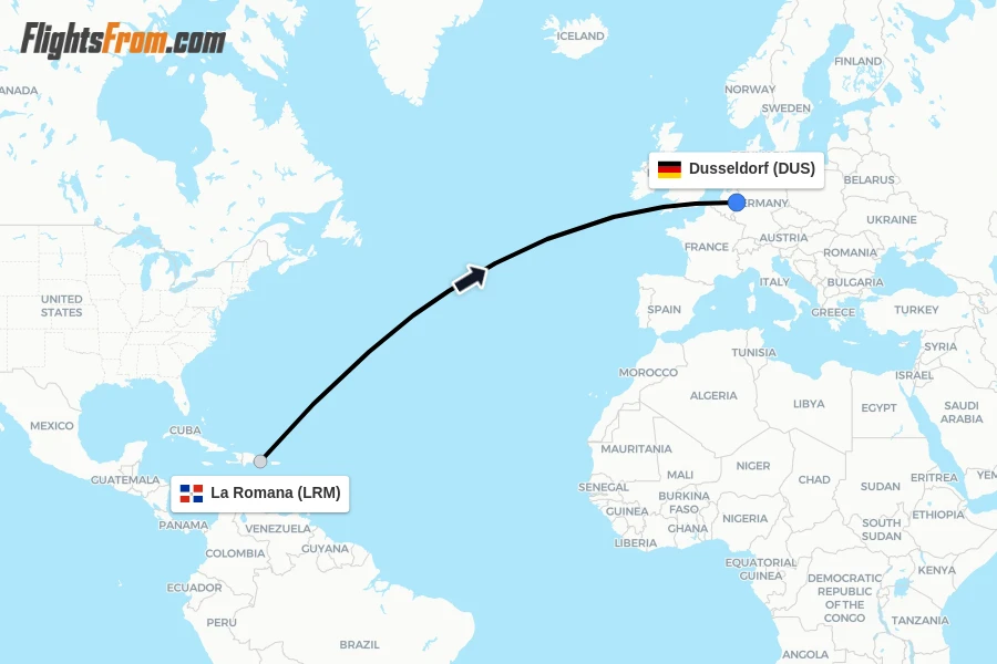 Flights from La Romana to Dusseldorf route map