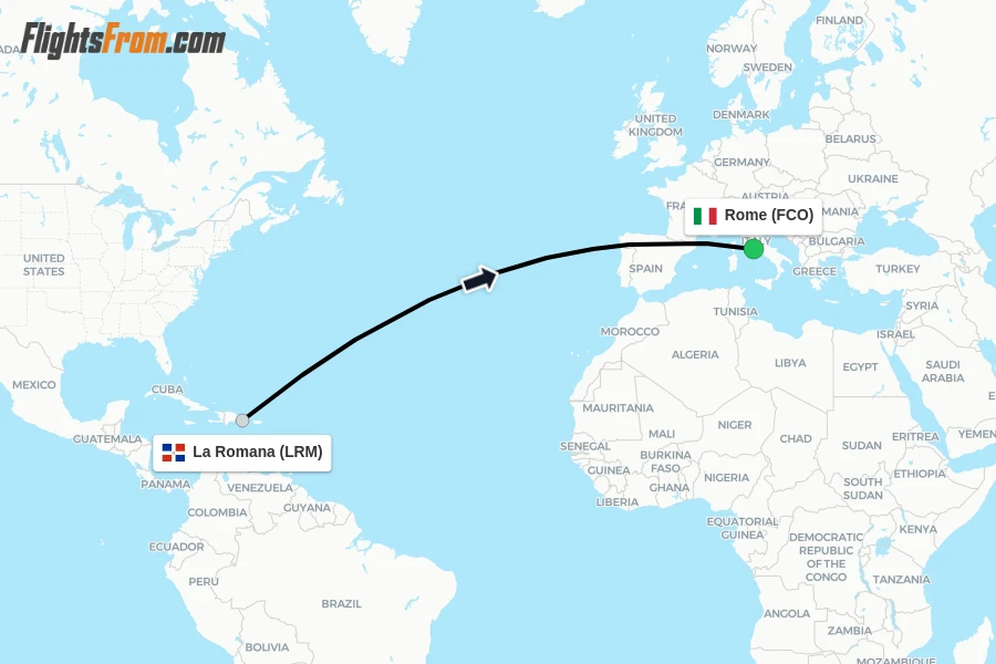 Flights from La Romana to Rome route map