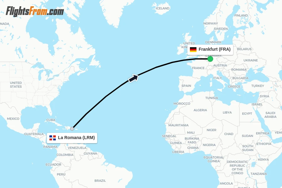 Flights from La Romana to Frankfurt route map
