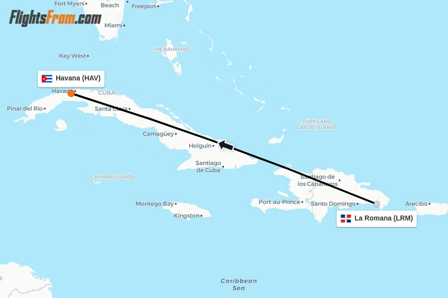Flights from La Romana to Havana route map
