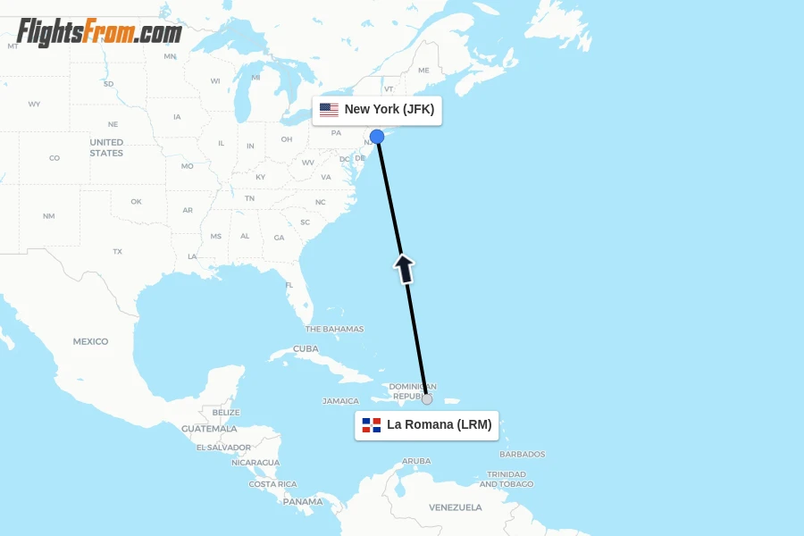 Flights from La Romana to New York route map