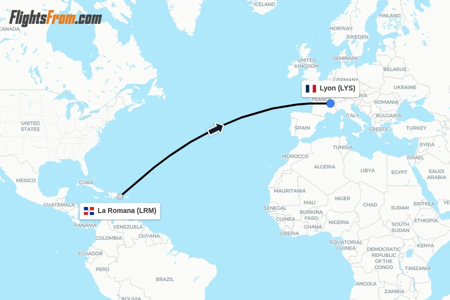 Flights from La Romana to Lyon route map
