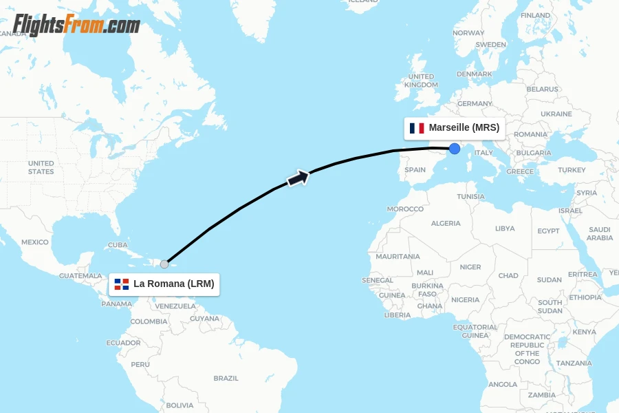 Flights from La Romana to Marseille route map