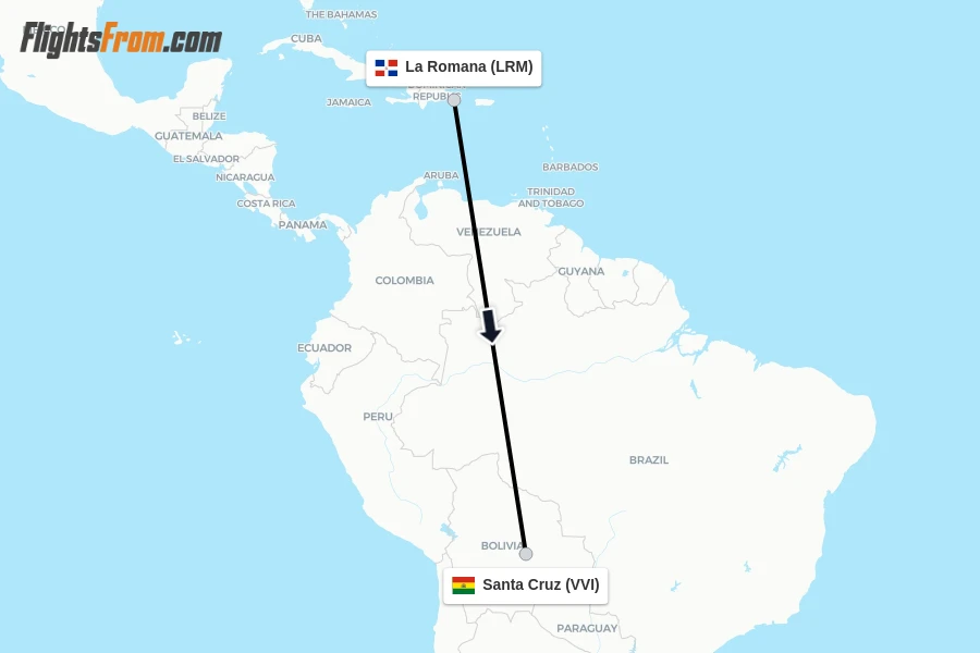 Flights from La Romana to Santa Cruz route map