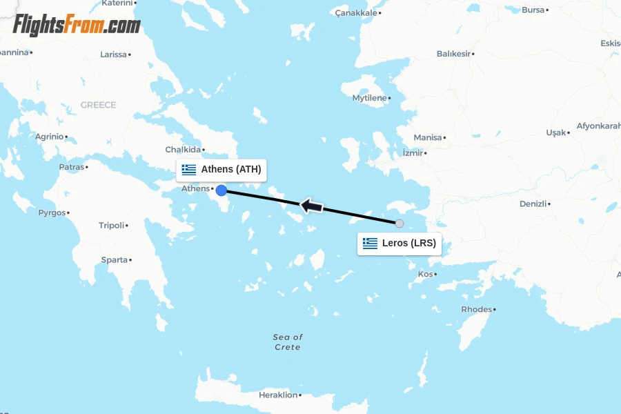 Flights from Leros to Athens route map