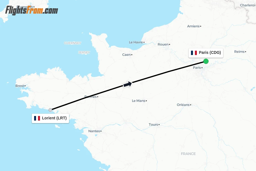 Flights from Lorient to Paris route map