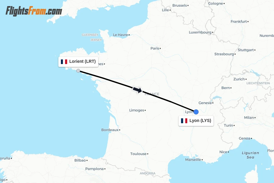 Flights from Lorient to Lyon route map
