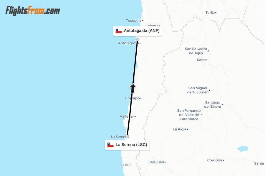 Flights from La Serena to Antofagasta route map