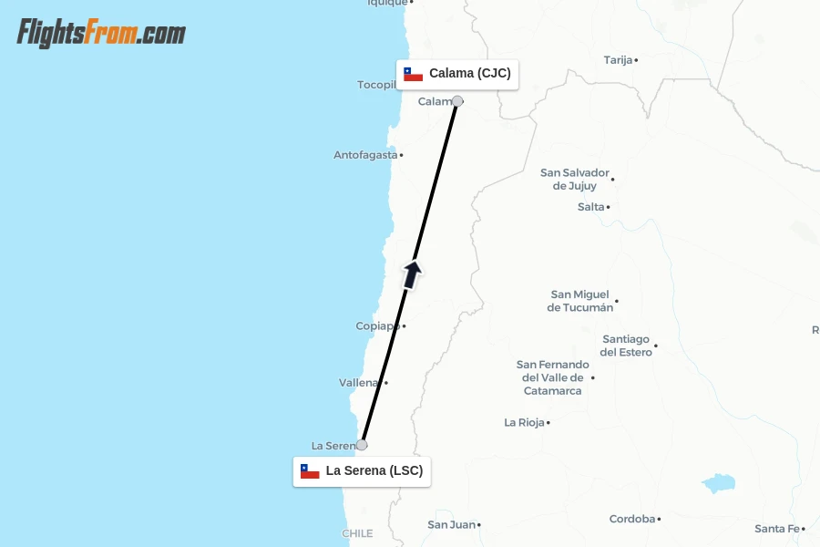 Flights from La Serena to Calama route map
