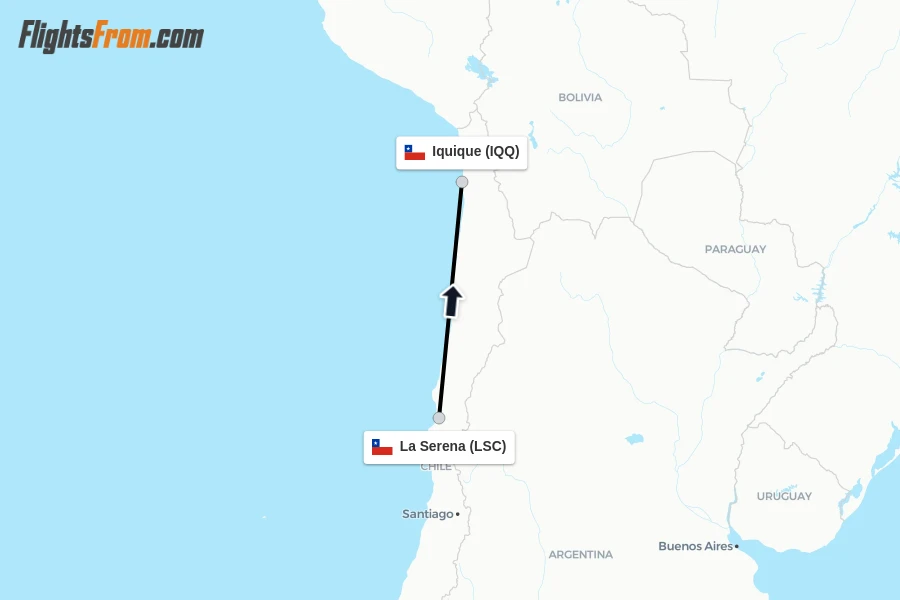 Flights from La Serena to Iquique route map