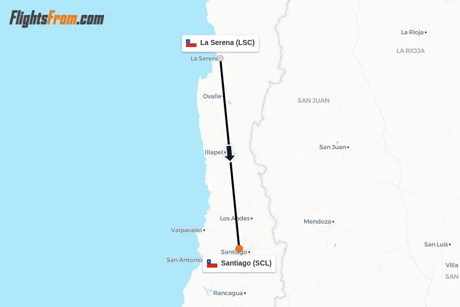 Flights from La Serena to Santiago route map