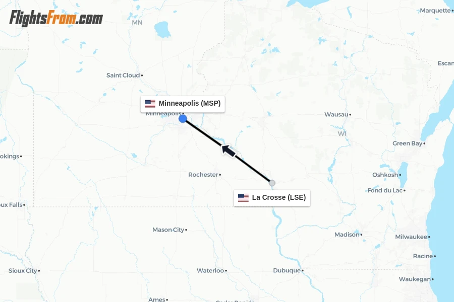 Flights from La Crosse to Minneapolis route map