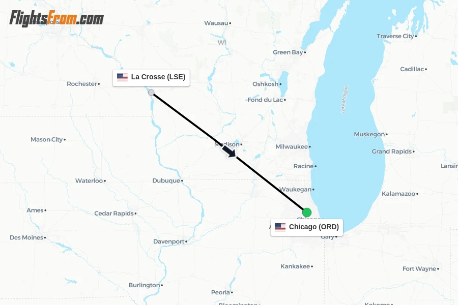 Flights from La Crosse to Chicago route map
