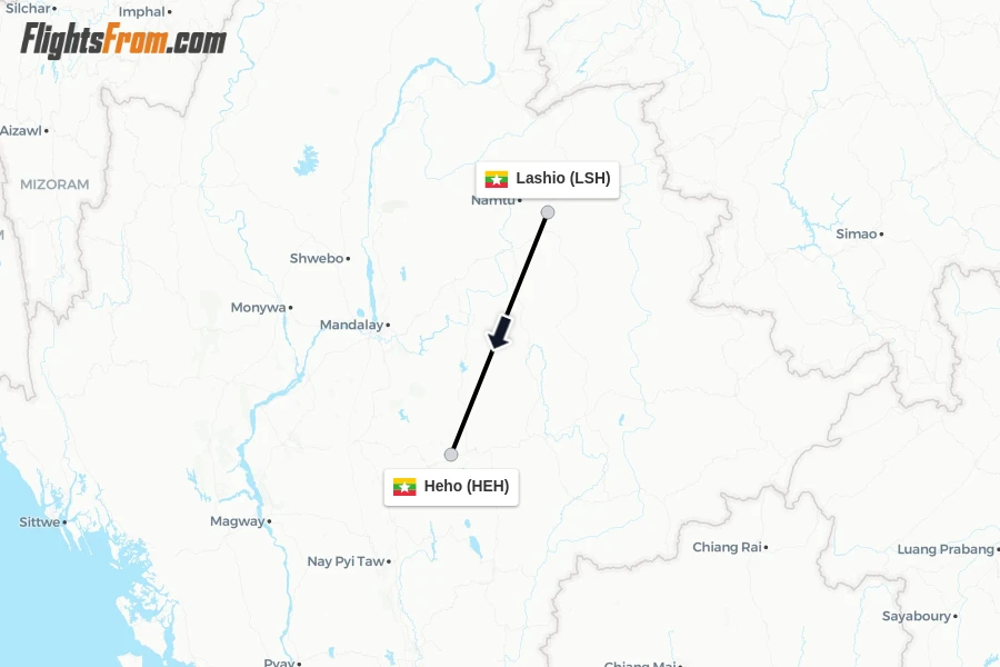 Flights from Lashio to Heho route map