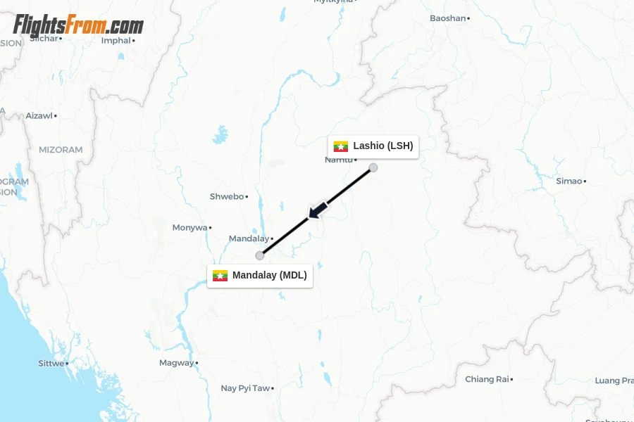 Flights from Lashio to Mandalay route map