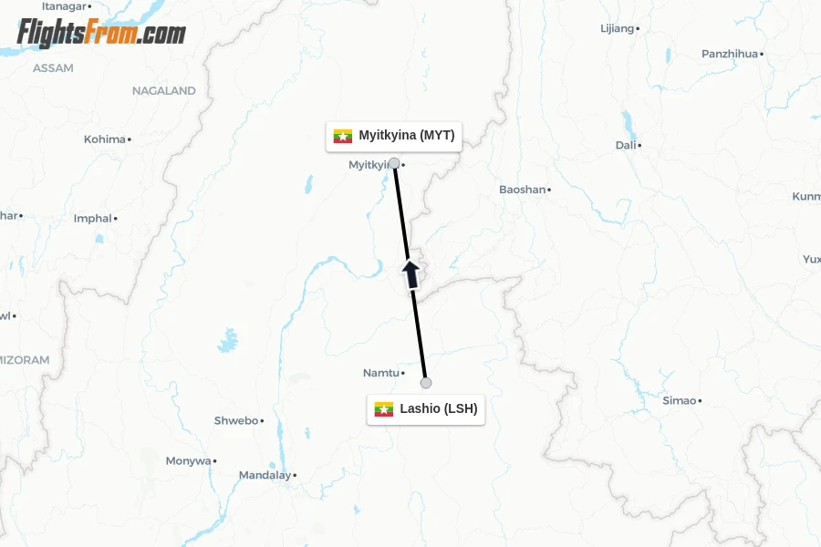 Flights from Lashio to Myitkyina route map